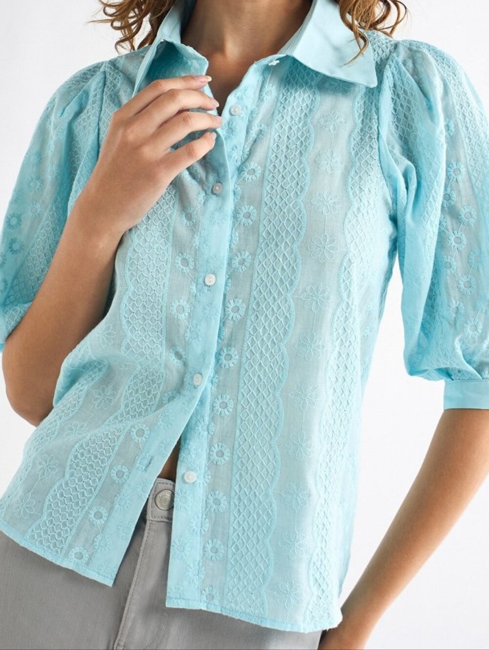 Light Blue Lace Button-Front Puff-Sleeve Top